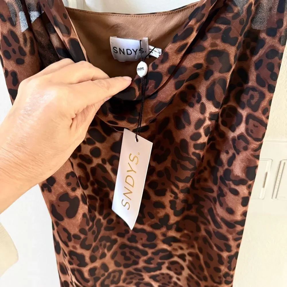 SNDYS Skin Leopard Animal Print Cowl Draped Neck Mini Slip Dress 8 NWT